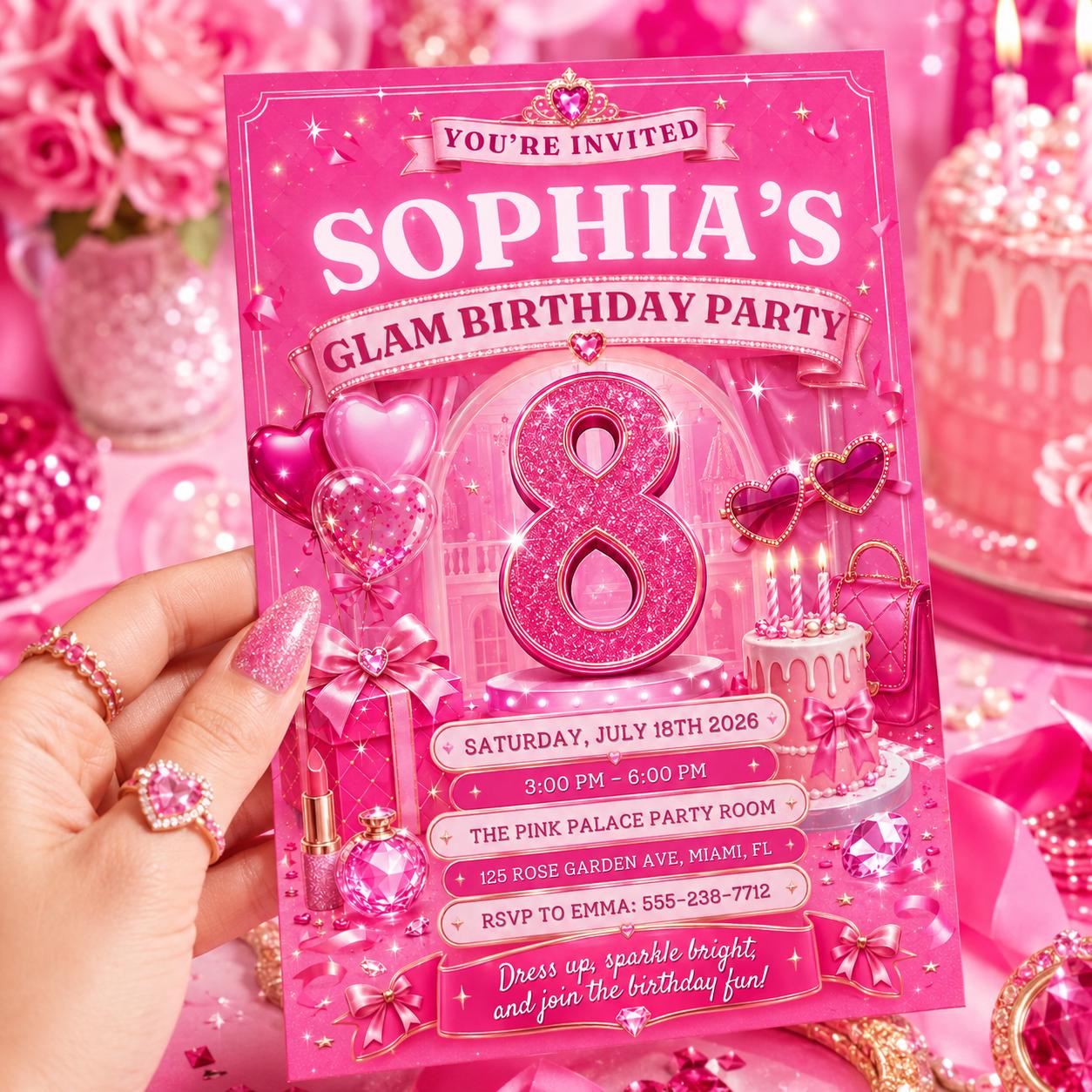 Glam Party Invitation Girls Glitter Rainbow, Glam Party Birthday Invitation Rainbow Sequin Glitter Pink Makeup Party, Glitz and Glam Makeup __etsy:8103750367