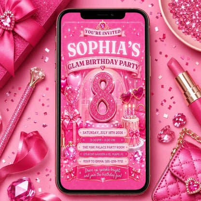 Glam Party Invitation Girls Glitter Rainbow, Glam Party Birthday Invitation Rainbow Sequin Glitter Pink Makeup Party, Glitz and Glam Makeup __etsy:8055838658