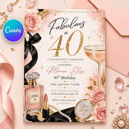 Glamorous 40th Birthday, 40 & Fabulous Birthday Invitation Floral 40th Birthday Invite Women's 40th Birthday Forty and Fabulous Invitation __etsy:8120421573