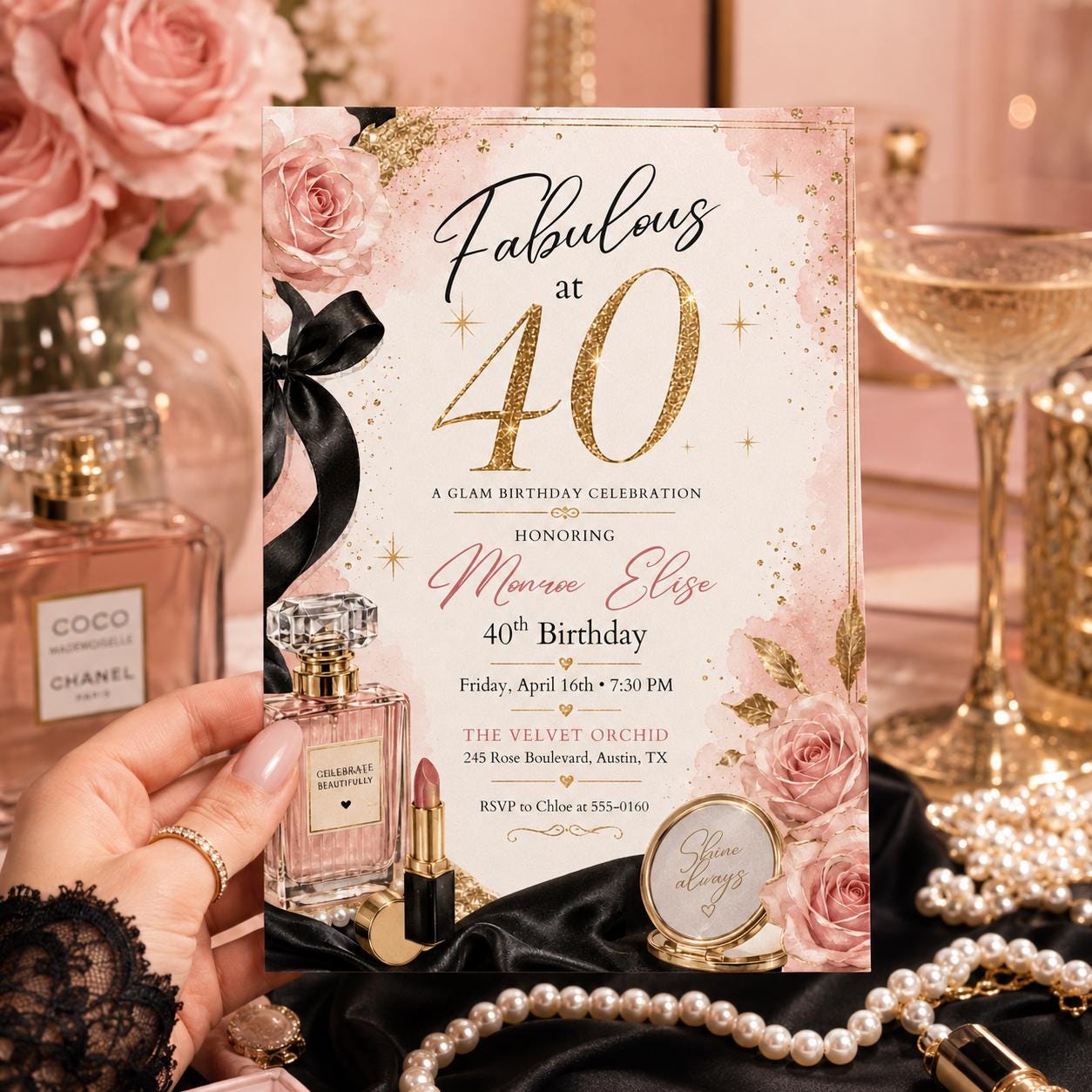 Glamorous 40th Birthday, 40 & Fabulous Birthday Invitation Floral 40th Birthday Invite Women's 40th Birthday Forty and Fabulous Invitation __etsy:8120421389