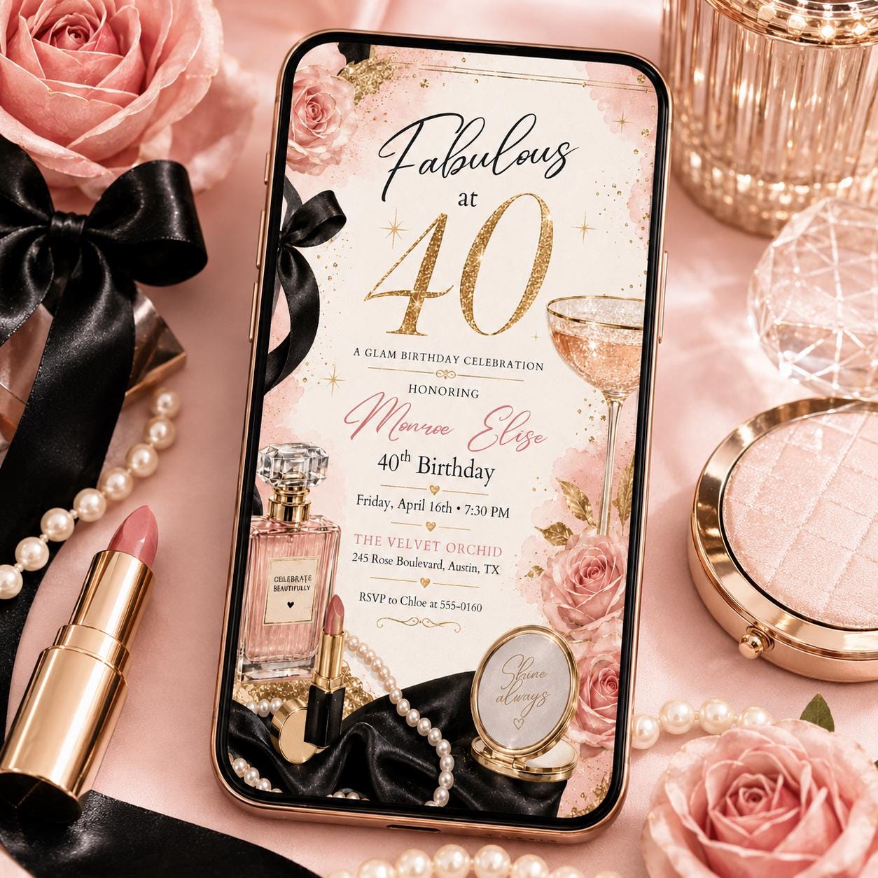 Glamorous 40th Birthday, 40 & Fabulous Birthday Invitation Floral 40th Birthday Invite Women's 40th Birthday Forty and Fabulous Invitation __etsy:8120421441