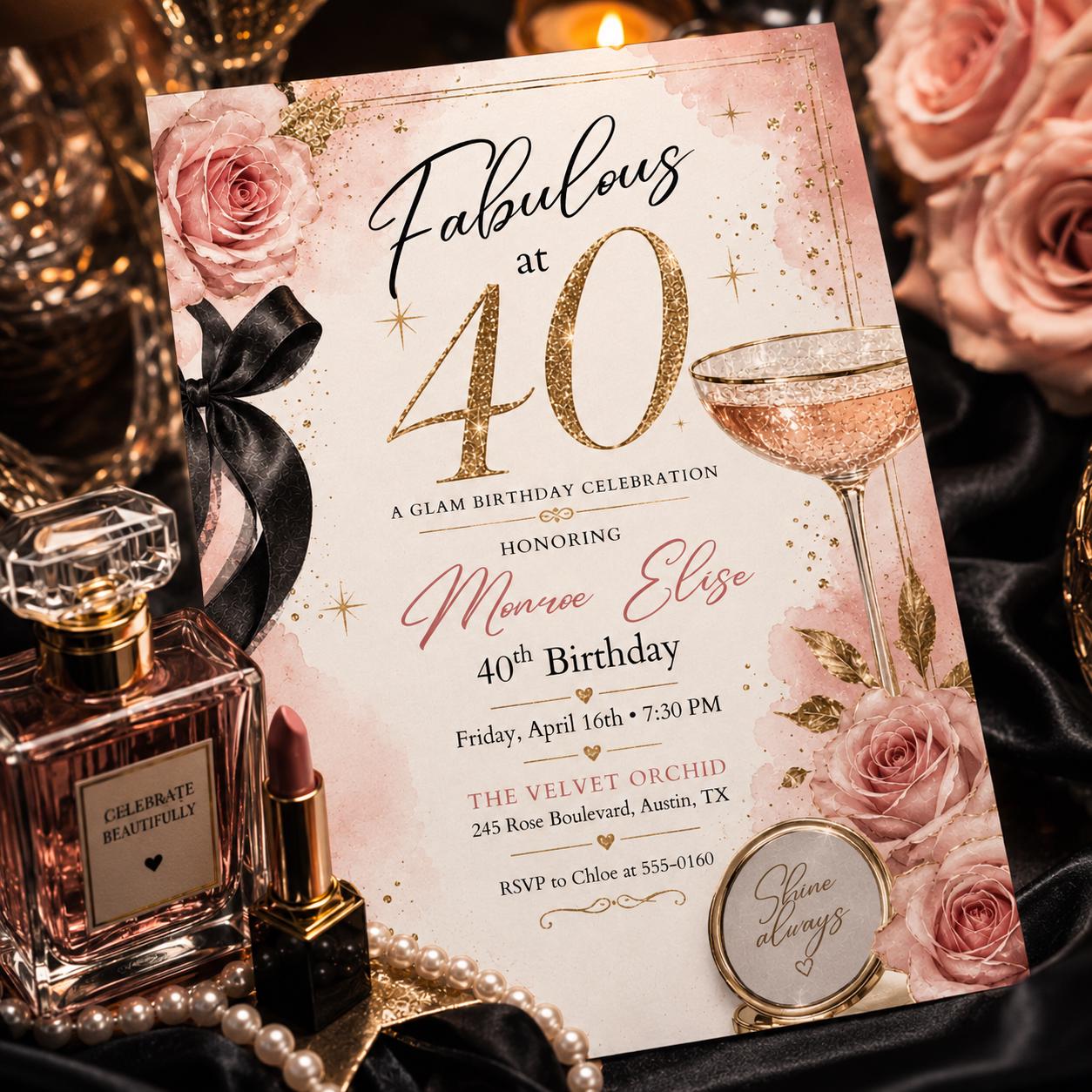 Glamorous 40th Birthday, 40 & Fabulous Birthday Invitation Floral 40th Birthday Invite Women's 40th Birthday Forty and Fabulous Invitation __etsy:8072500686