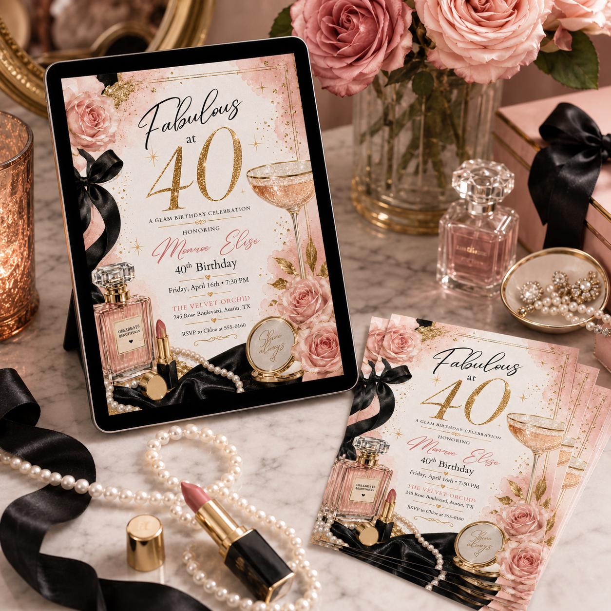 Glamorous 40th Birthday, 40 & Fabulous Birthday Invitation Floral 40th Birthday Invite Women's 40th Birthday Forty and Fabulous Invitation __etsy:8072500684