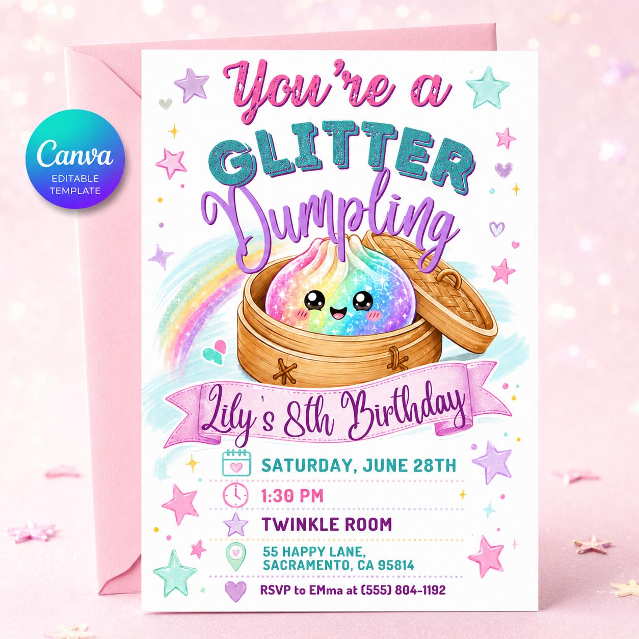 Glitter Dumpling Birthday Invitation, Dumpling Birthday Invitation, Dim Sum Party Invite, Kawaii Food Theme, Editable Canva Template __etsy:8056124002