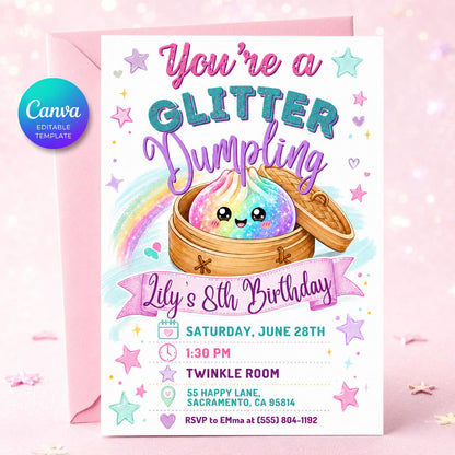 Glitter Dumpling Birthday Invitation, Dumpling Birthday Invitation, Dim Sum Party Invite, Kawaii Food Theme, Editable Canva Template __etsy:8056124002