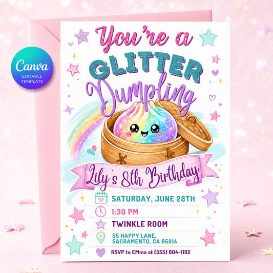 Glitter Dumpling Birthday Invitation, Dumpling Birthday Invitation, Dim Sum Party Invite, Kawaii Food Theme, Editable Canva Template __etsy:8056124002