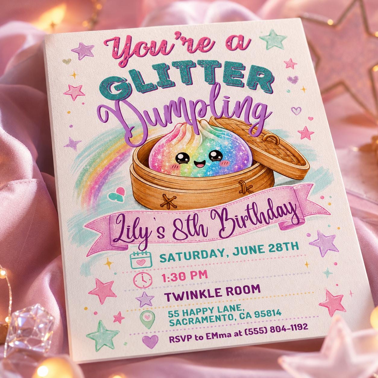 Glitter Dumpling Birthday Invitation, Dumpling Birthday Invitation, Dim Sum Party Invite, Kawaii Food Theme, Editable Canva Template __etsy:8104035775