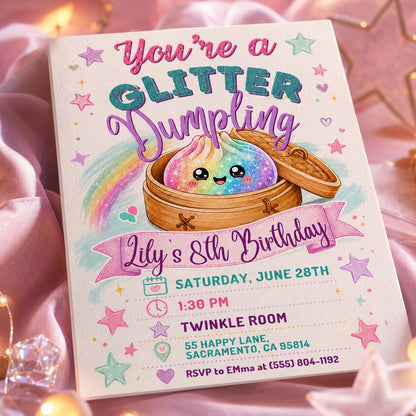 Glitter Dumpling Birthday Invitation, Dumpling Birthday Invitation, Dim Sum Party Invite, Kawaii Food Theme, Editable Canva Template __etsy:8104035775
