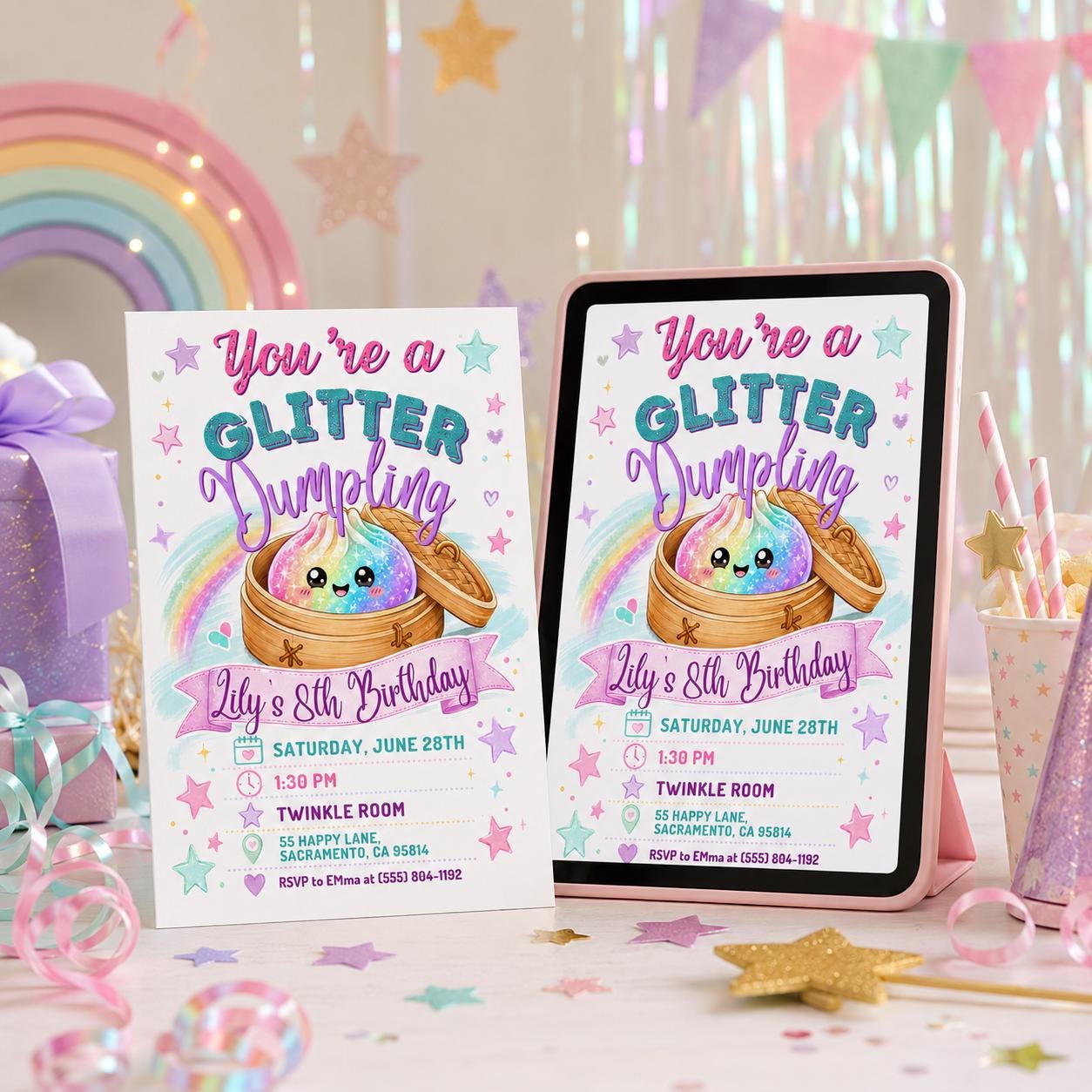 Glitter Dumpling Birthday Invitation, Dumpling Birthday Invitation, Dim Sum Party Invite, Kawaii Food Theme, Editable Canva Template __etsy:8104035779