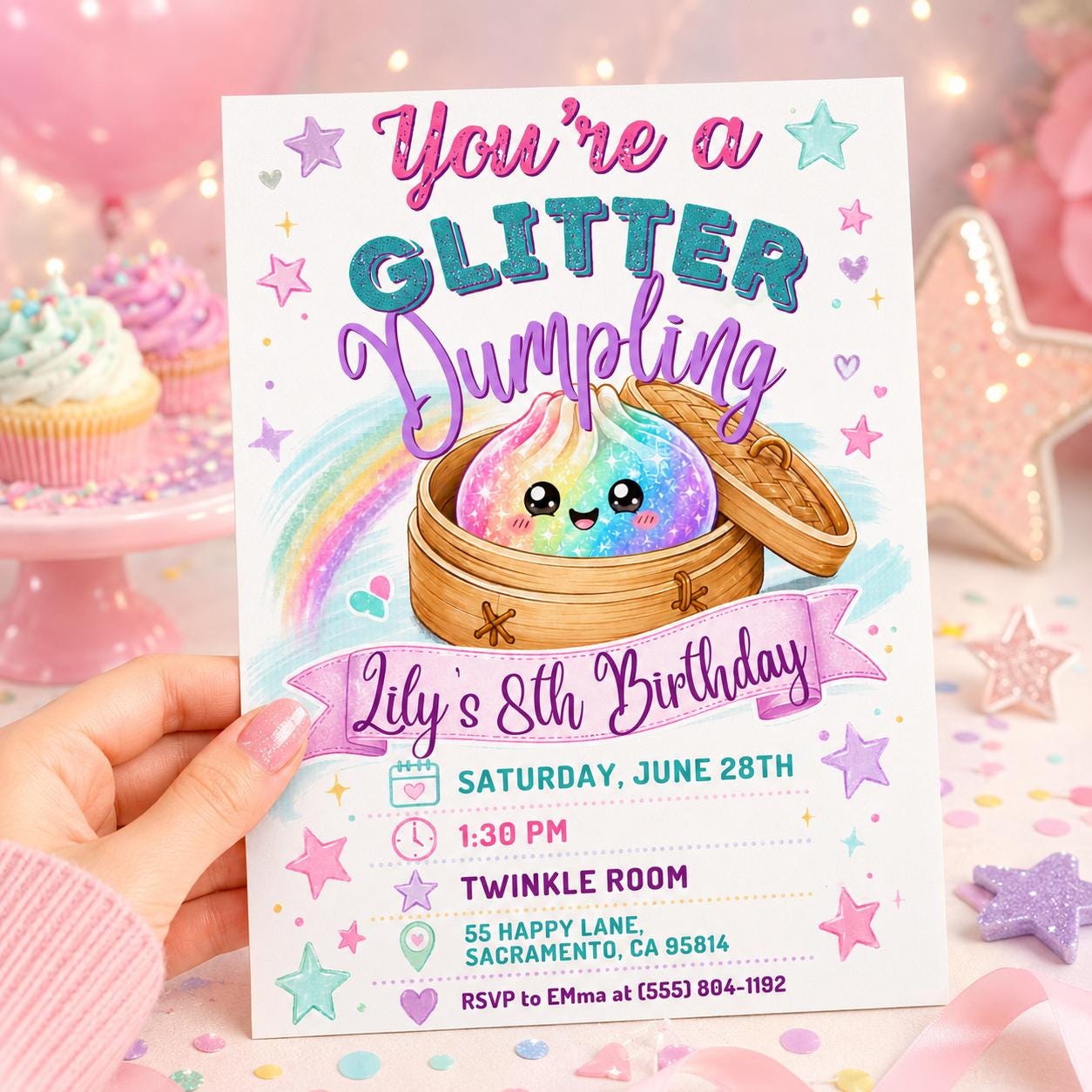 Glitter Dumpling Birthday Invitation, Dumpling Birthday Invitation, Dim Sum Party Invite, Kawaii Food Theme, Editable Canva Template __etsy:8104035815