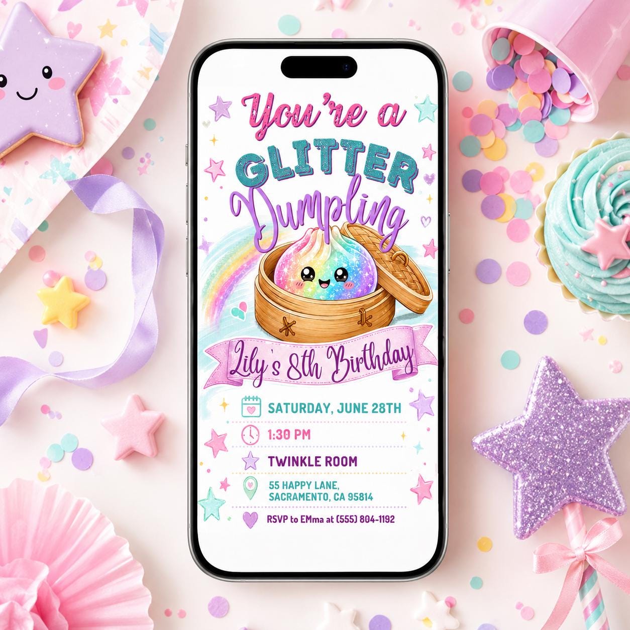Glitter Dumpling Birthday Invitation, Dumpling Birthday Invitation, Dim Sum Party Invite, Kawaii Food Theme, Editable Canva Template __etsy:8056124004