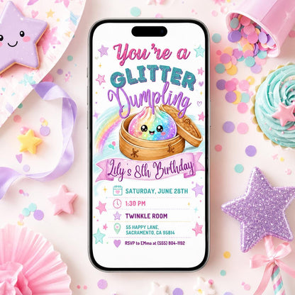 Glitter Dumpling Birthday Invitation, Dumpling Birthday Invitation, Dim Sum Party Invite, Kawaii Food Theme, Editable Canva Template __etsy:8056124004