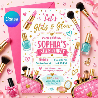 Glitz Glam Birthday Invitation Template, Glamour Party Invitation, Spa Makeup Birthday Party Rainbow Leopard Print Glitz and Glam Makeup __etsy:8088200593