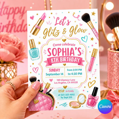 Glitz Glam Birthday Invitation Template, Glamour Party Invitation, Spa Makeup Birthday Party Rainbow Leopard Print Glitz and Glam Makeup __etsy:8040285736
