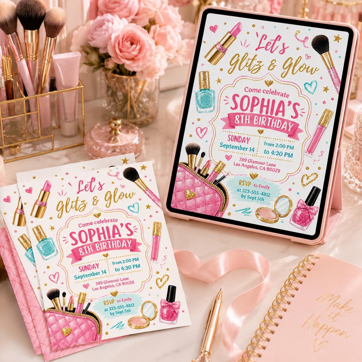 Glitz Glam Birthday Invitation Template, Glamour Party Invitation, Spa Makeup Birthday Party Rainbow Leopard Print Glitz and Glam Makeup __etsy:8040285968