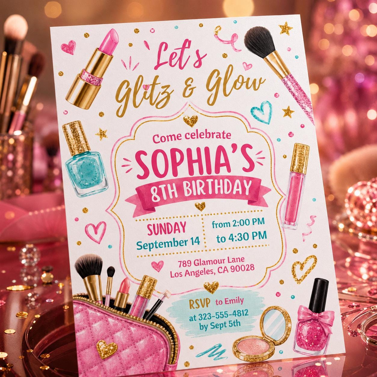 Glitz Glam Birthday Invitation Template, Glamour Party Invitation, Spa Makeup Birthday Party Rainbow Leopard Print Glitz and Glam Makeup __etsy:8088200801