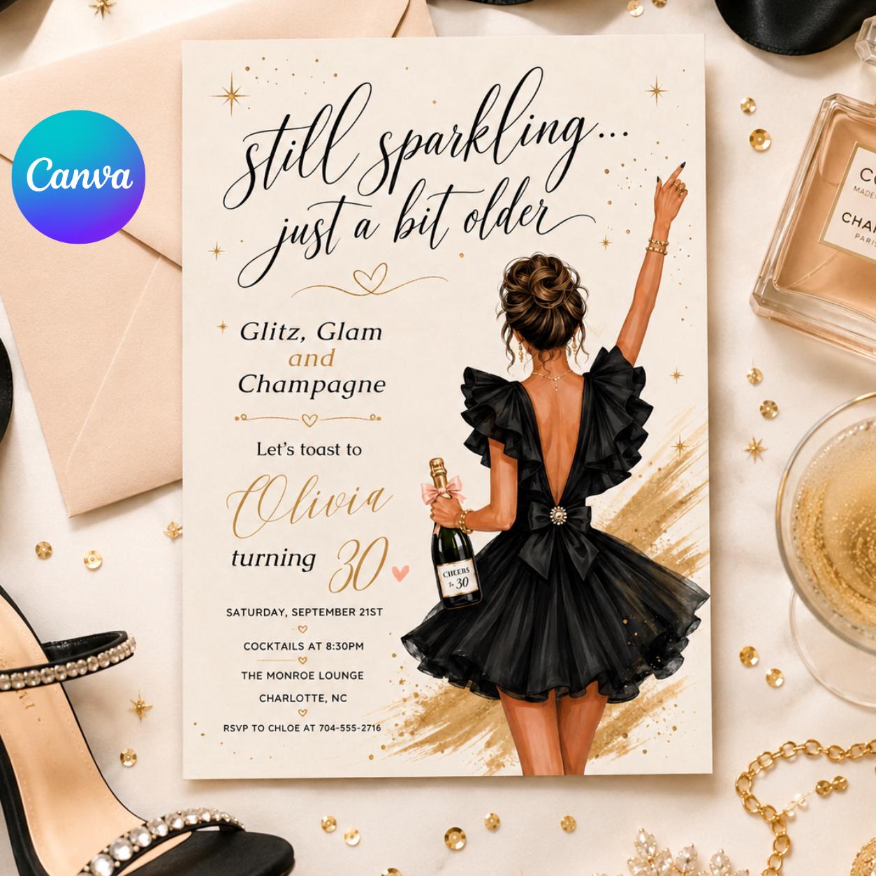 Glitz Glam Champagne Invite, Birthday Invitation Template, Glam Party Invite, Champagne, Editable Milestone, Editable Canva Template __etsy:8004419634