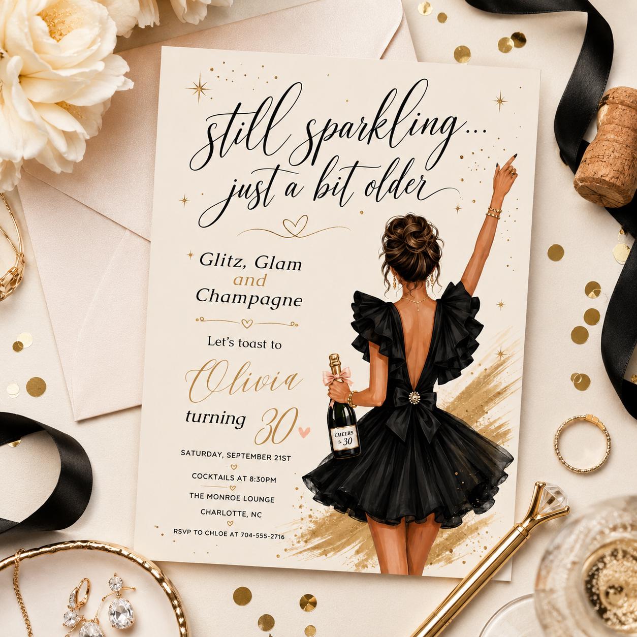 Glitz Glam Champagne Invite, Birthday Invitation Template, Glam Party Invite, Champagne, Editable Milestone, Editable Canva Template __etsy:8052337755
