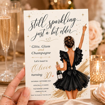 Glitz Glam Champagne Invite, Birthday Invitation Template, Glam Party Invite, Champagne, Editable Milestone, Editable Canva Template __etsy:8052337743