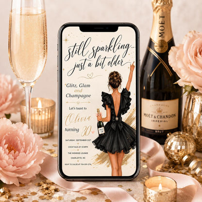 Glitz Glam Champagne Invite, Birthday Invitation Template, Glam Party Invite, Champagne, Editable Milestone, Editable Canva Template __etsy:8004415482