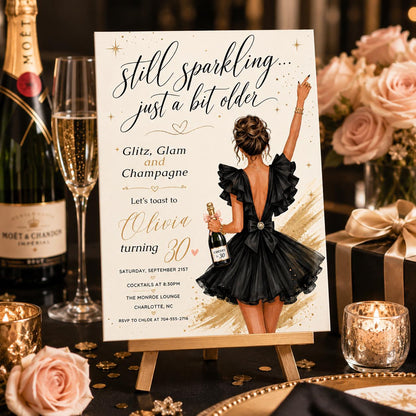 Glitz Glam Champagne Invite, Birthday Invitation Template, Glam Party Invite, Champagne, Editable Milestone, Editable Canva Template __etsy:8052337749