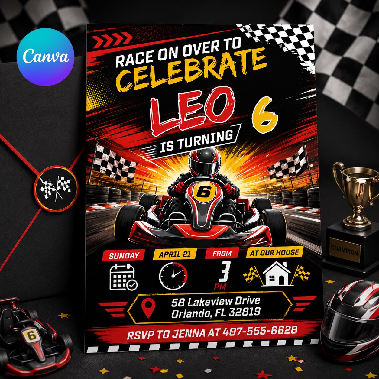 Go Kart Birthday Invitation, Racing Party, Mobile Evite, Racing Car Birthday Invitation, First Lap Around the Track, Editable Canva Template __etsy:8030596058