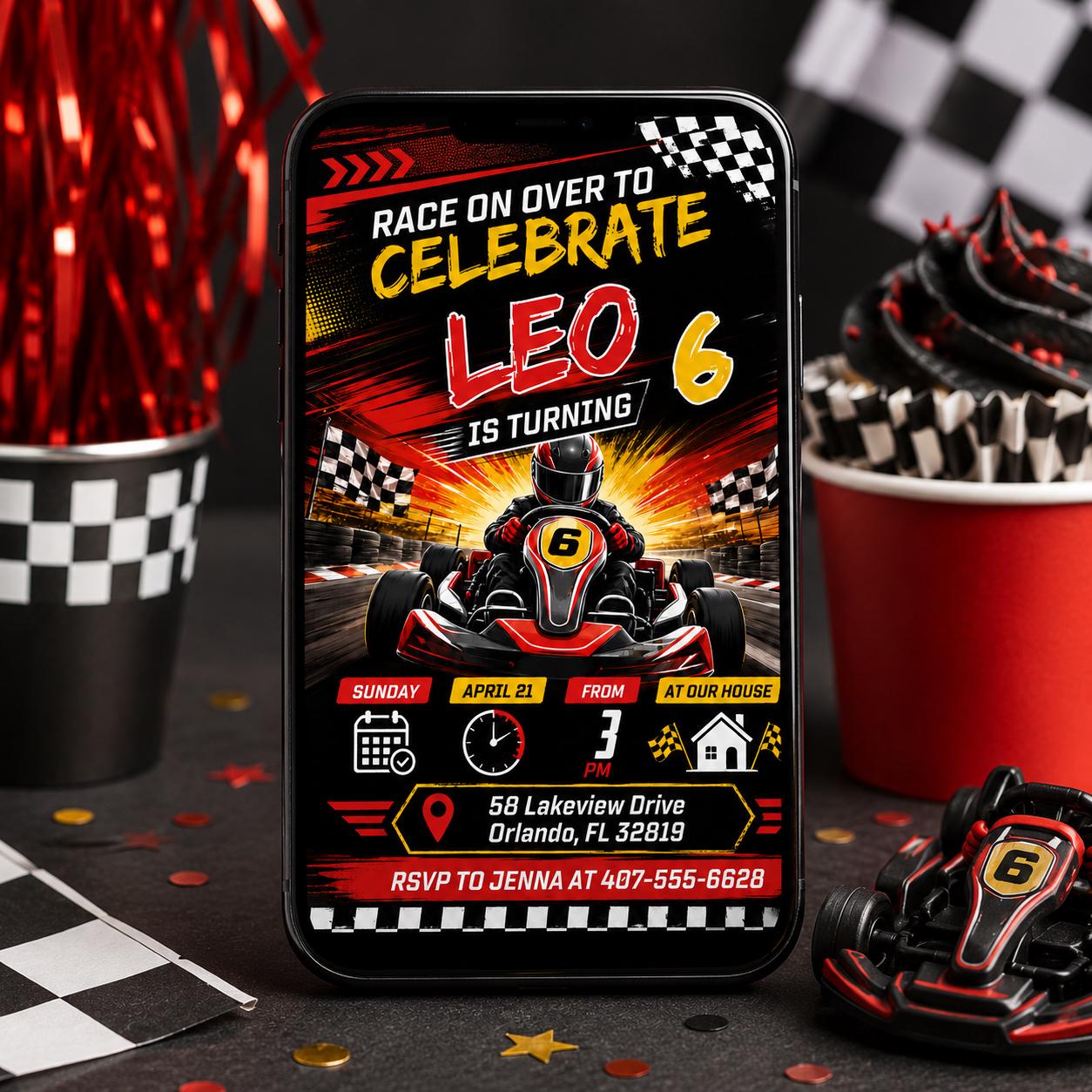 Go Kart Birthday Invitation, Racing Party, Mobile Evite, Racing Car Birthday Invitation, First Lap Around the Track, Editable Canva Template __etsy:8078498561