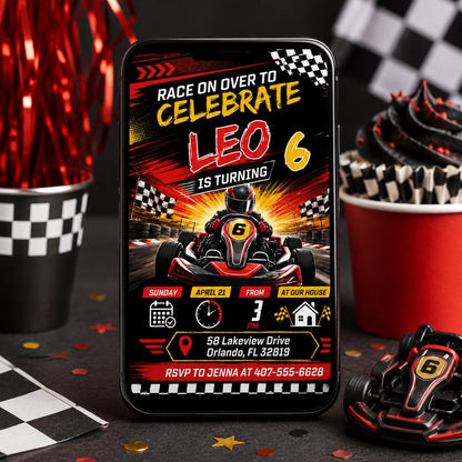 Go Kart Birthday Invitation, Racing Party, Mobile Evite, Racing Car Birthday Invitation, First Lap Around the Track, Editable Canva Template __etsy:8078498561