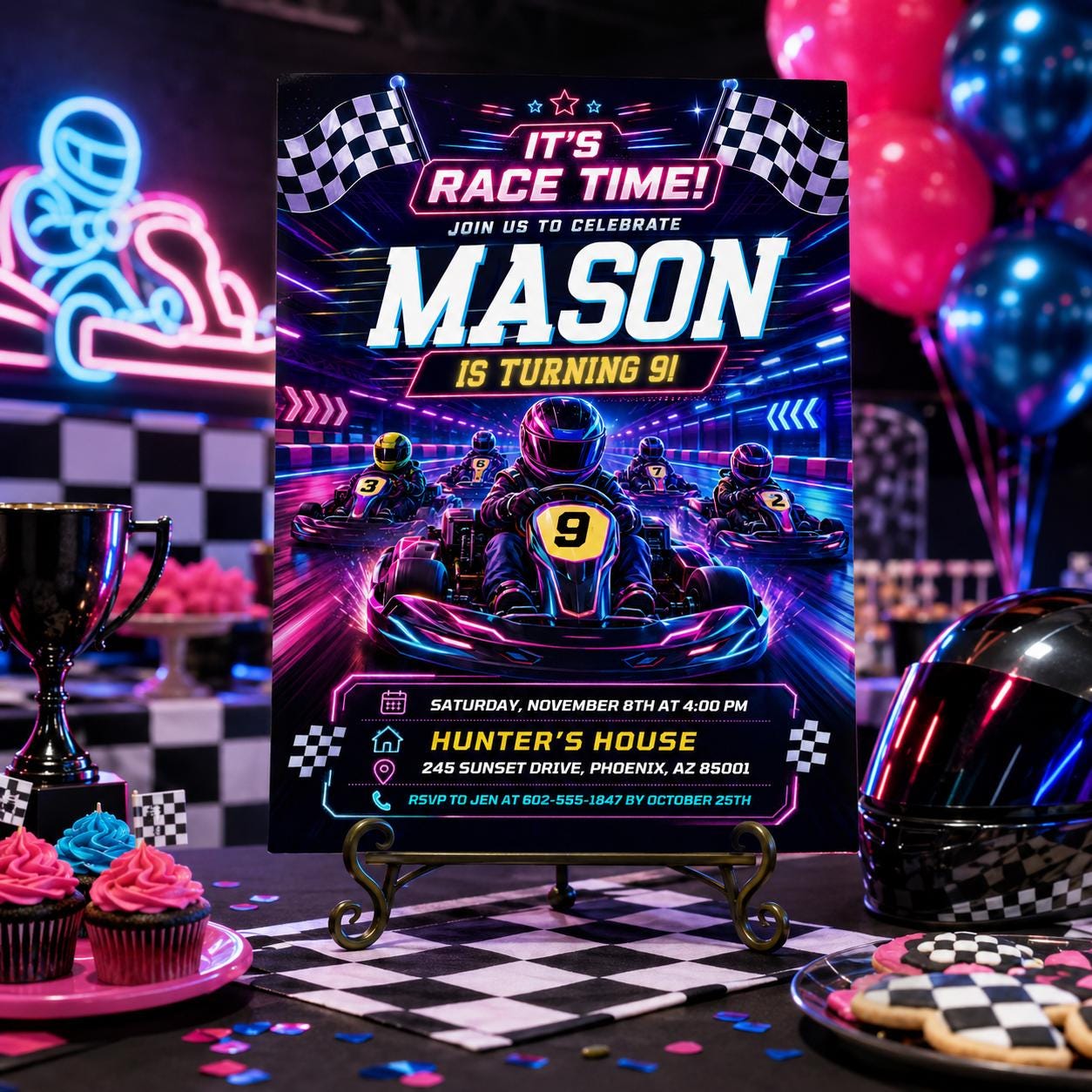 Go Kart Birthday Invitation, Racing Party, Mobile Evite, Racing Car Birthday Invitation, First Lap Around the Track, Editable Canva Template __etsy:7999355000