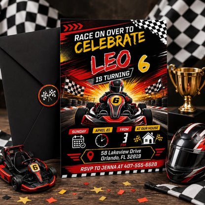 Go Kart Birthday Invitation, Racing Party, Mobile Evite, Racing Car Birthday Invitation, First Lap Around the Track, Editable Canva Template __etsy:8078498567