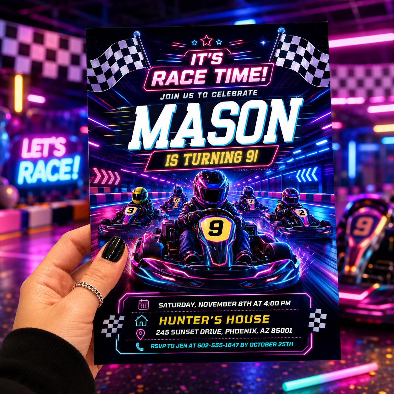 Go Kart Birthday Invitation, Racing Party, Mobile Evite, Racing Car Birthday Invitation, First Lap Around the Track, Editable Canva Template __etsy:7999355116