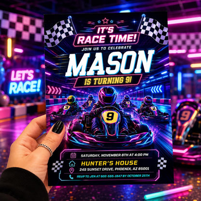 Go Kart Birthday Invitation, Racing Party, Mobile Evite, Racing Car Birthday Invitation, First Lap Around the Track, Editable Canva Template __etsy:7999355116