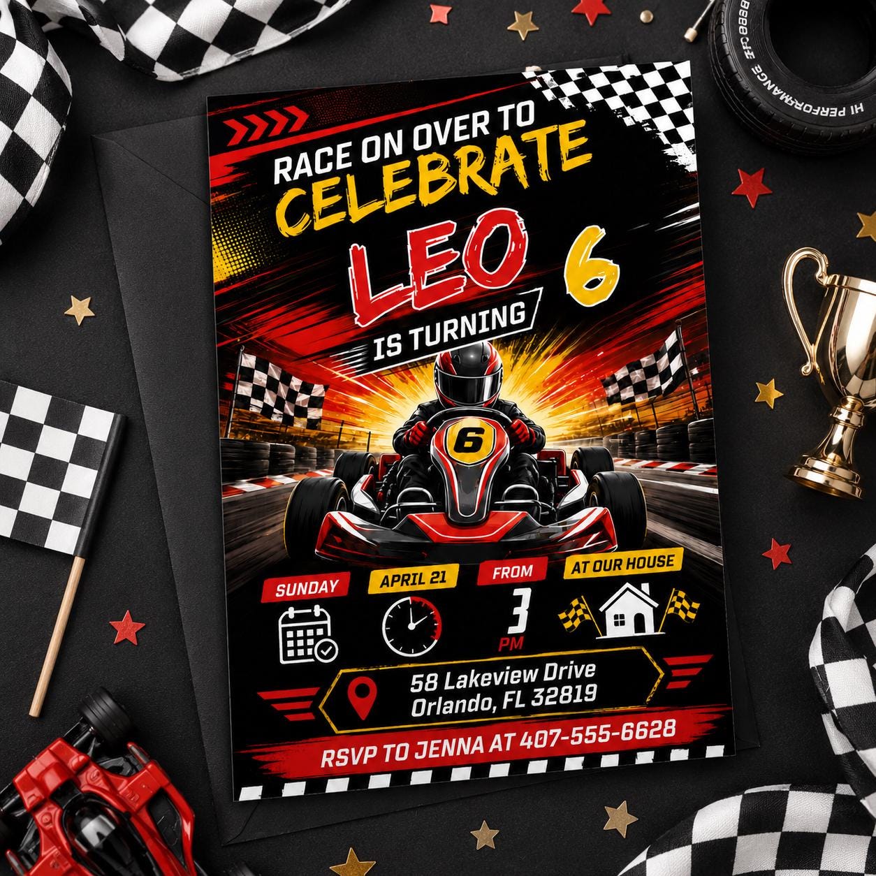 Go Kart Birthday Invitation, Racing Party, Mobile Evite, Racing Car Birthday Invitation, First Lap Around the Track, Editable Canva Template __etsy:8030590156