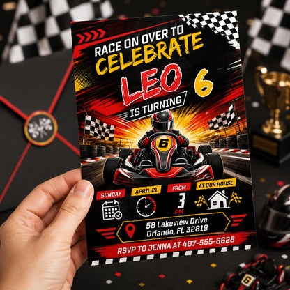 Go Kart Birthday Invitation, Racing Party, Mobile Evite, Racing Car Birthday Invitation, First Lap Around the Track, Editable Canva Template __etsy:8078498577