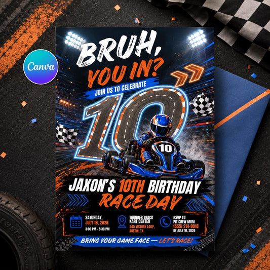 Go-Kart Birthday Invitation Template | Editable Canva Design for Kids Party | Fun Racing Theme with 'BRUH YOU IN?' Phrase, Racing Track __etsy:8107416895