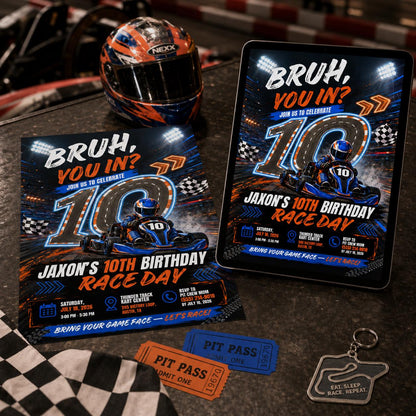 Go-Kart Birthday Invitation Template | Editable Canva Design for Kids Party | Fun Racing Theme with 'BRUH YOU IN?' Phrase, Racing Track __etsy:8059503578