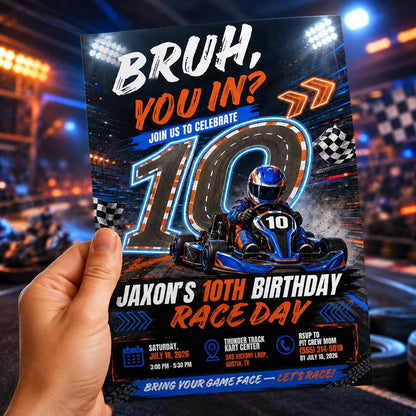 Go-Kart Birthday Invitation Template | Editable Canva Design for Kids Party | Fun Racing Theme with 'BRUH YOU IN?' Phrase, Racing Track __etsy:8059503582