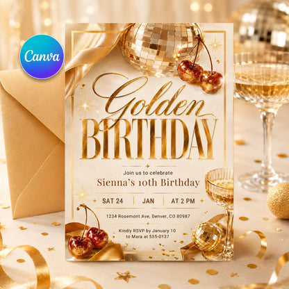 Golden Birthday invitation Gold glitter birthday invitation Golden birthday invite for girl 10th birthday invitation, Glam Glitter Invite __etsy:8118532807