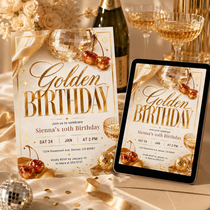 Golden Birthday invitation Gold glitter birthday invitation Golden birthday invite for girl 10th birthday invitation, Glam Glitter Invite __etsy:8070612494