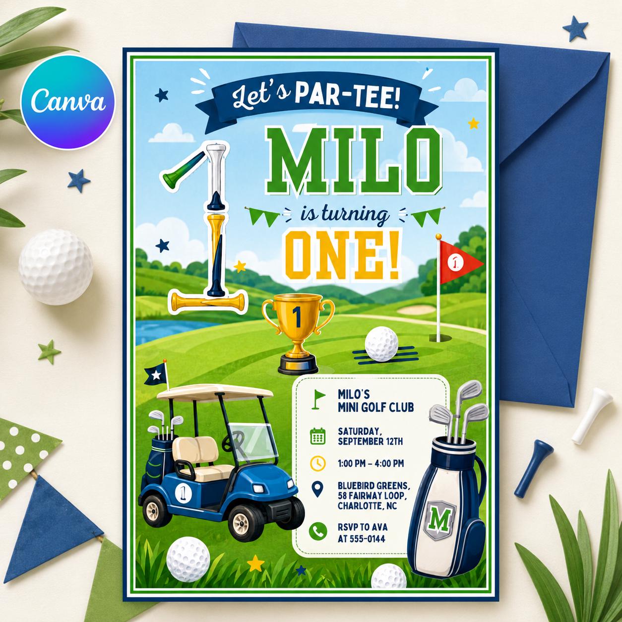 Golf Birthday Invitation, Let's Par Tee Golf Birthday Invite, Golf Birthday Party Invites, Boy Birthday Party Invite Editable Canva Template __etsy:8074605934