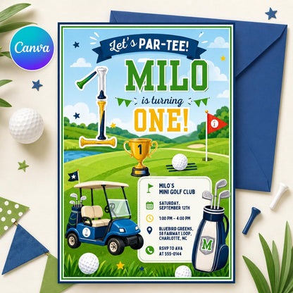 Golf Birthday Invitation, Let's Par Tee Golf Birthday Invite, Golf Birthday Party Invites, Boy Birthday Party Invite Editable Canva Template __etsy:8074605934