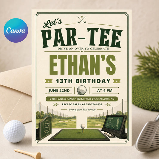 Golf Birthday Invitation, Let's Par Tee Golf Birthday Invite, Golf Birthday Party Invites, Editable 5x7 Canva Template __etsy:8024653347