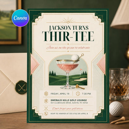 Golf Birthday Invitation Template, Par-Tee Invite, Golf Theme Party, Green Stripe Golf Cart, Adult Golf Birthday, Editable Canva Invitation __etsy:8104235283