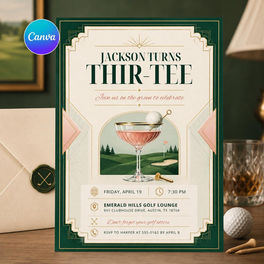 Golf Birthday Invitation Template, Par-Tee Invite, Golf Theme Party, Green Stripe Golf Cart, Adult Golf Birthday, Editable Canva Invitation __etsy:8104235283