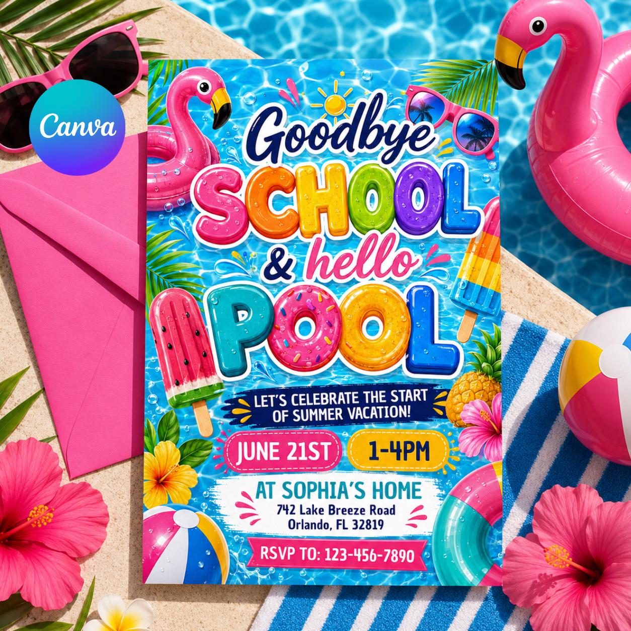 Goodbye School Hello Pool Invitation, End Of School Pool Party Invite, Summer Break Invite, End of School, Editable Canva Template __etsy:8075182181