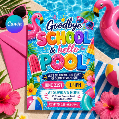 Goodbye School Hello Pool Invitation, End Of School Pool Party Invite, Summer Break Invite, End of School, Editable Canva Template __etsy:8075182181