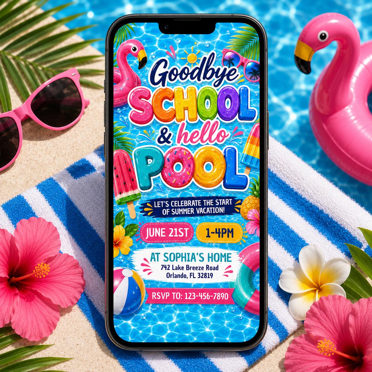 Goodbye School Hello Pool Invitation, End Of School Pool Party Invite, Summer Break Invite, End of School, Editable Canva Template __etsy:8075179869