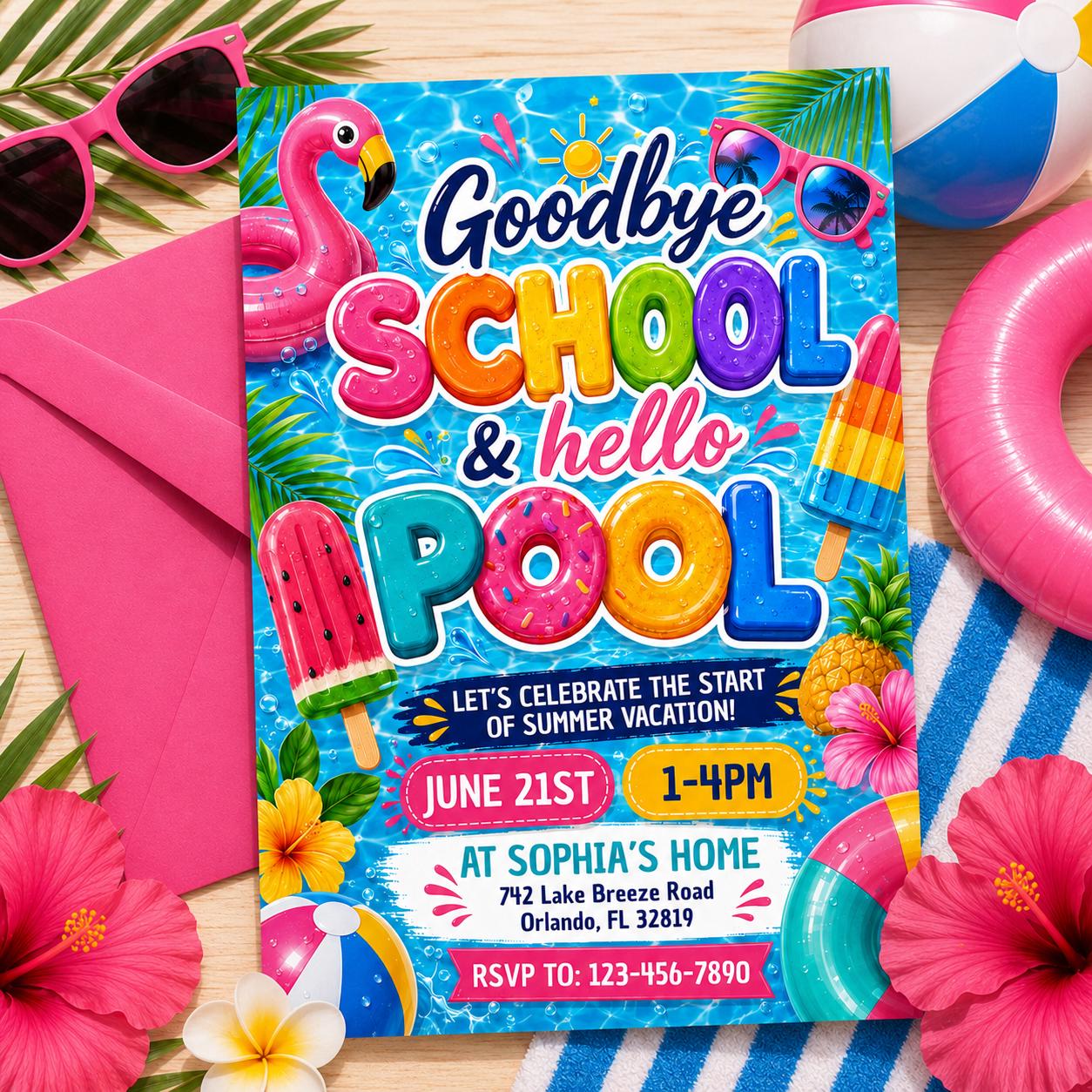 Goodbye School Hello Pool Invitation, End Of School Pool Party Invite, Summer Break Invite, End of School, Editable Canva Template __etsy:8027266884
