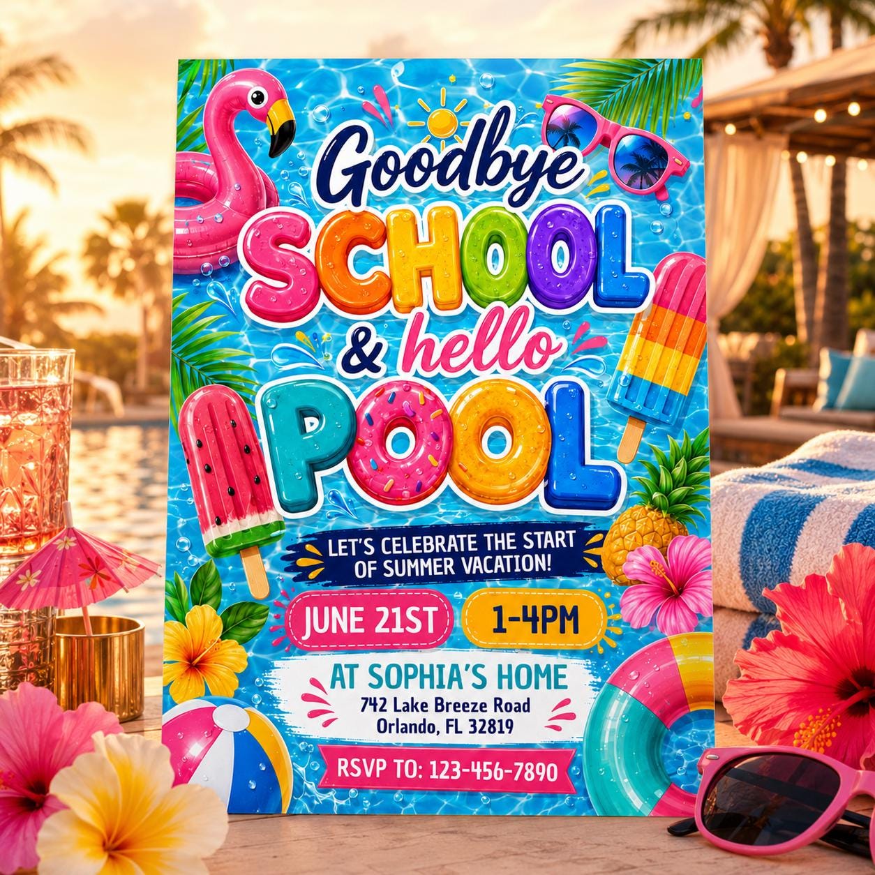 Goodbye School Hello Pool Invitation, End Of School Pool Party Invite, Summer Break Invite, End of School, Editable Canva Template __etsy:8027266880