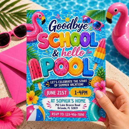 Goodbye School Hello Pool Invitation, End Of School Pool Party Invite, Summer Break Invite, End of School, Editable Canva Template __etsy:8075179903